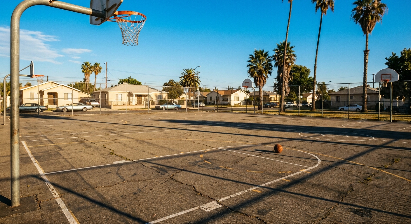 Outdoor basketball court in South Central Los Angeles on a bright sunny afternoon