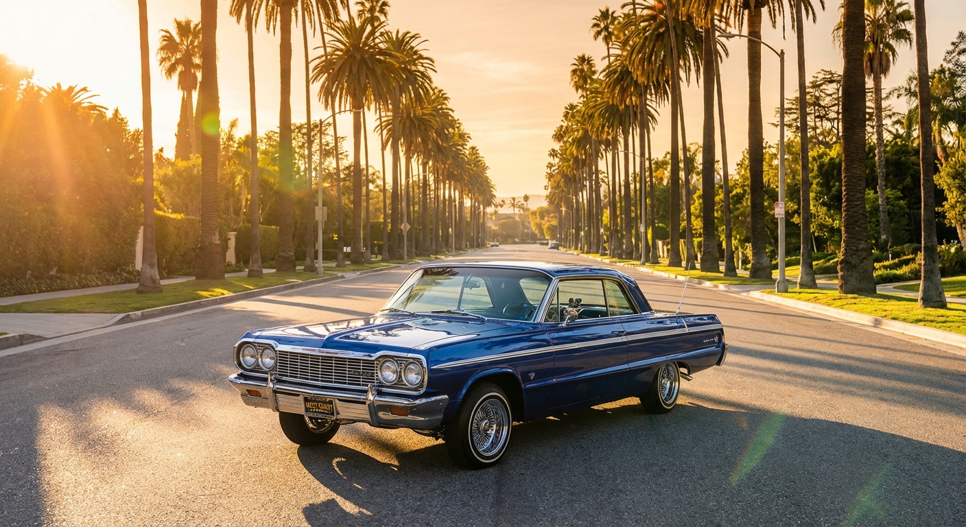 Classic lowrider car on a sunlit Los Angeles boulevard lined with palm trees