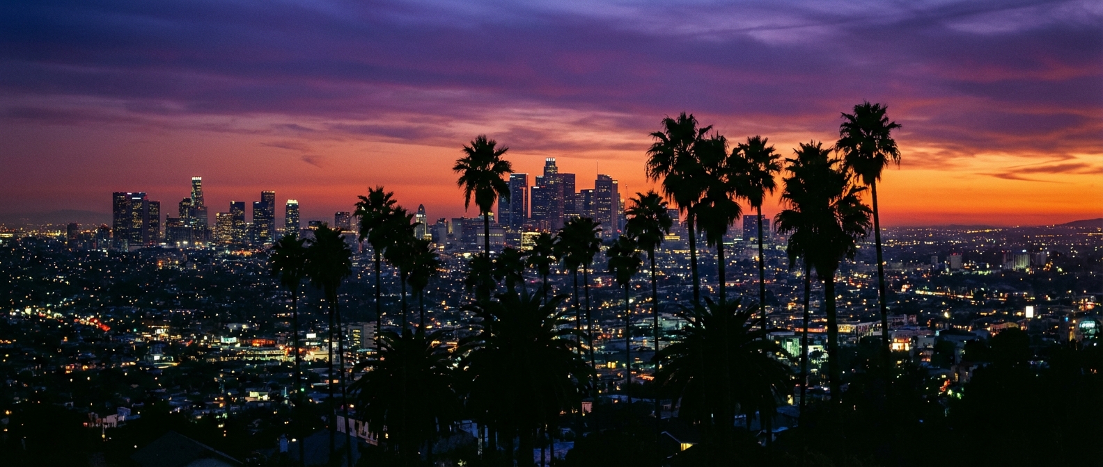 Los Angeles at dusk with city lights glowing, palm tree silhouettes against a purple and orange sky