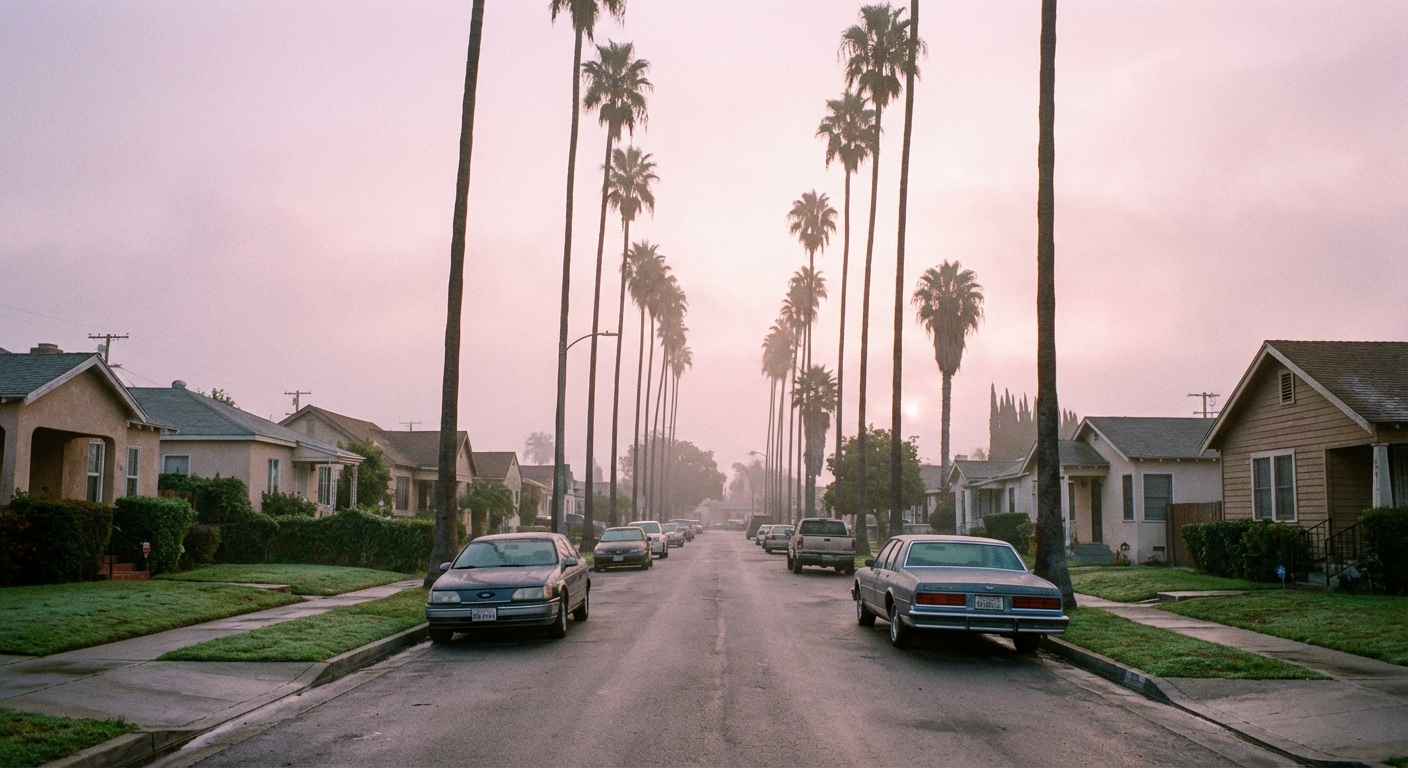 Peaceful morning light through a quiet residential street with palm trees